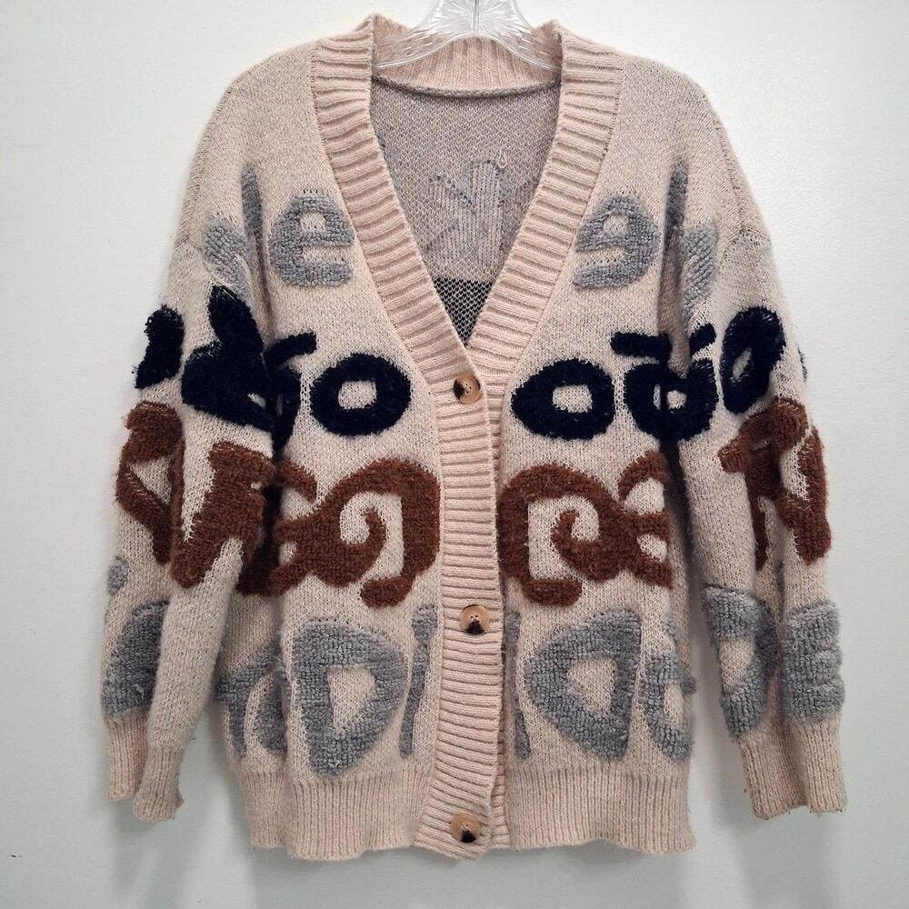 Letter Pattern Chunky Knit Sweater Cardigan SZ S Slouchy Oversized Button Cozy